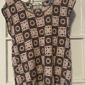 Forever 21 Cream and Brown Crochet Square Sleeveless Tunic